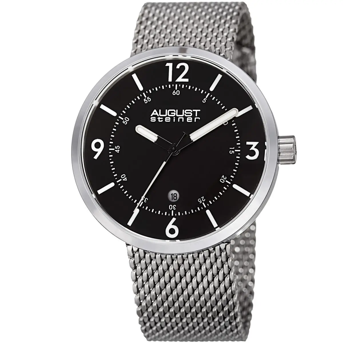 Men`s August Steiner AS8204SSB Quartz Movement Date Steel Mesh Bracelet Watch