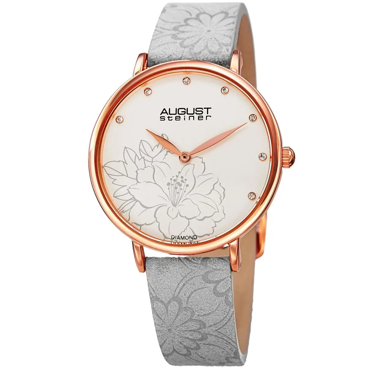 Women`s  AS8242GY Diamond Dial Quartz Flower Embossed Strap Watch by August Steiner