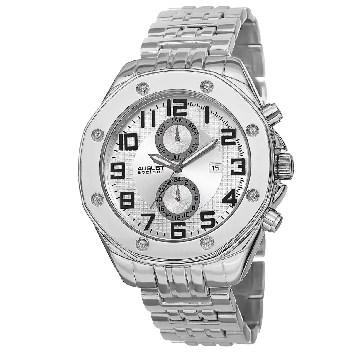 Men`s August Steiner AS8140SS Swiss Dual Time Multifunction Silver Dial Watch