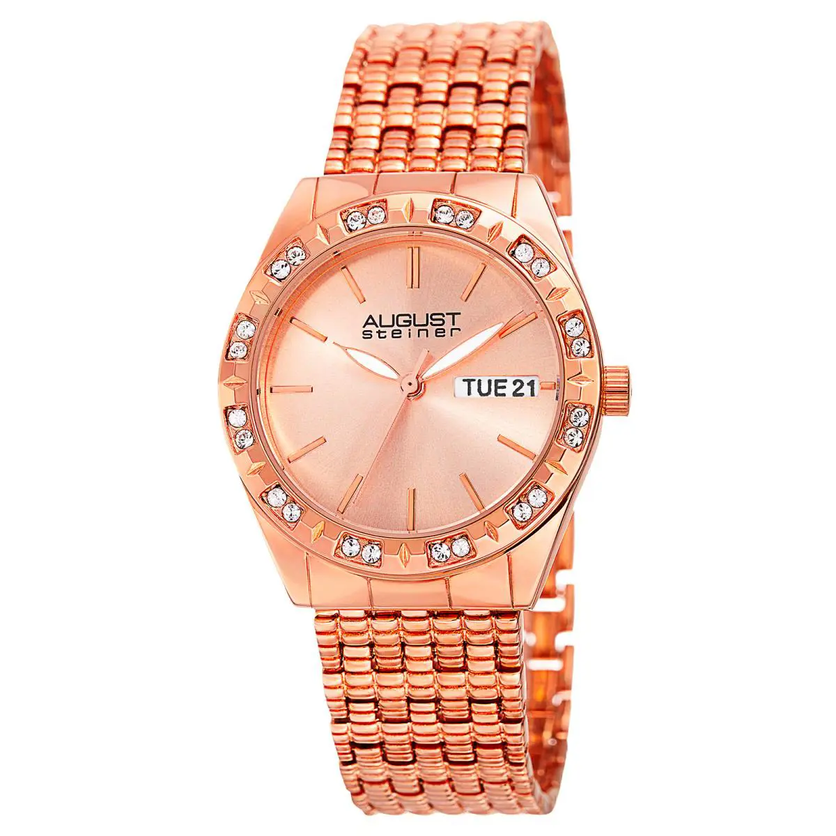 Women`s  AS8177RG Swarovski Crystal Sunray Dial Day/date Watch by August Steiner