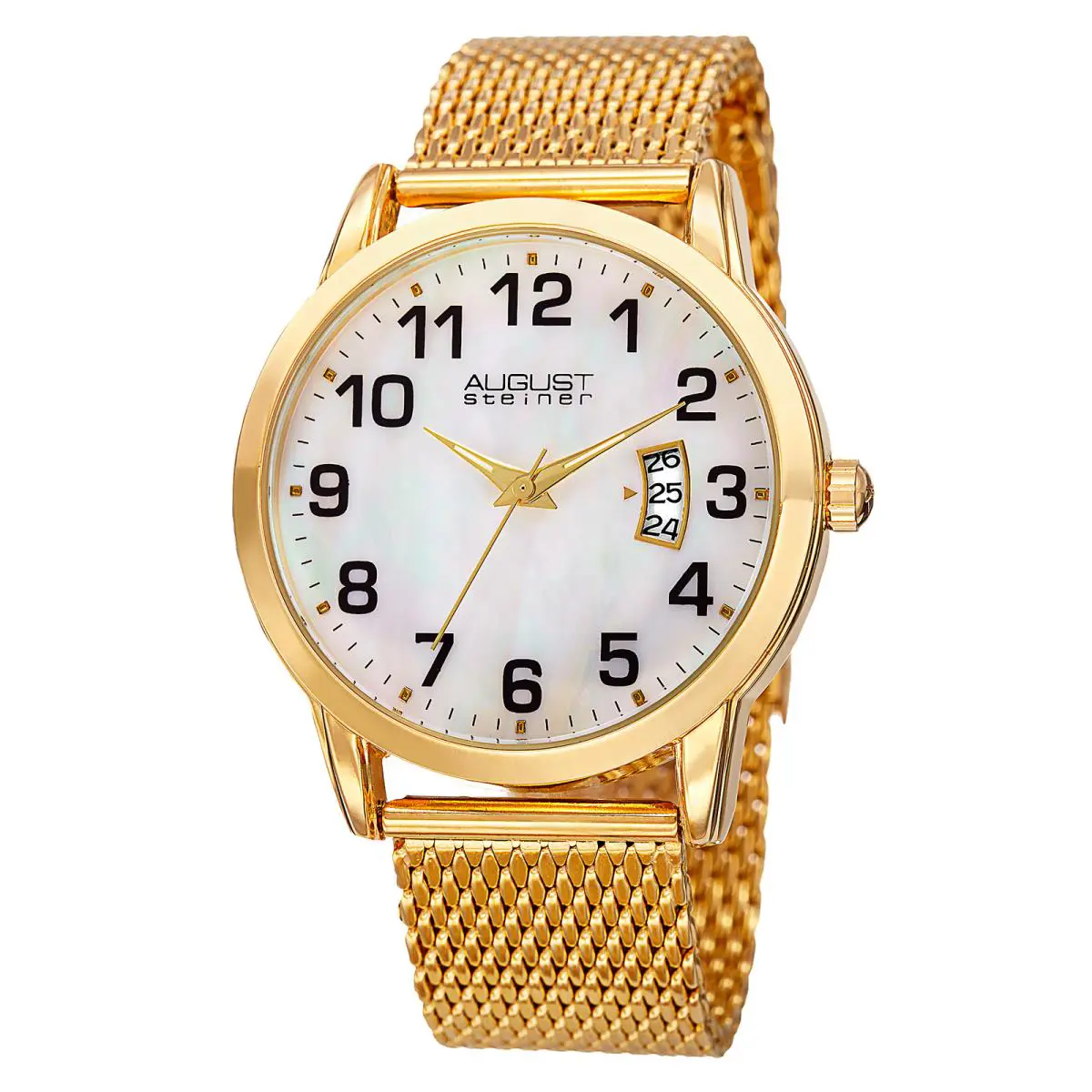 Men`s August Steiner AS8195YG Three Hand Movement Date Steel Mesh Bracelet Watch
