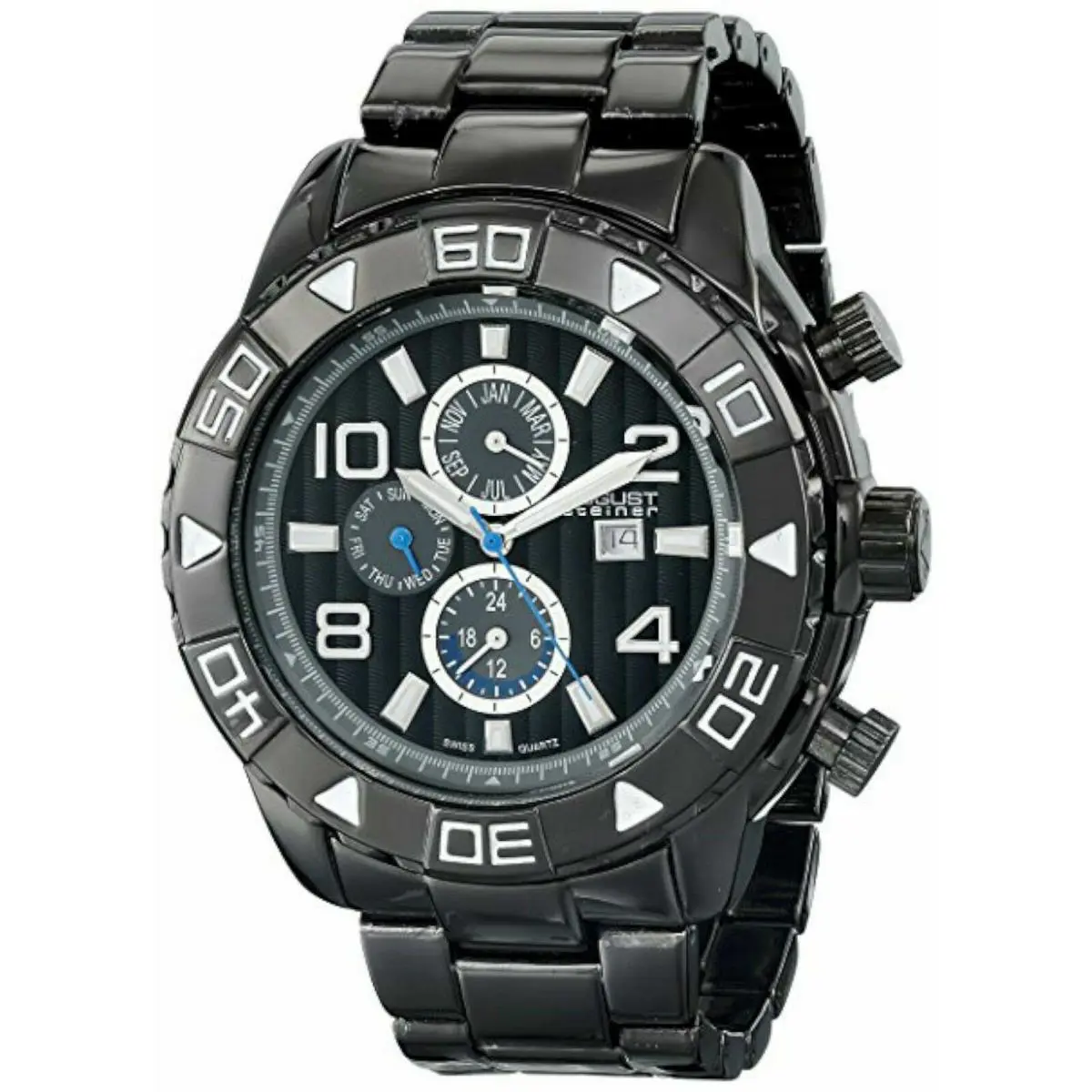 AS8130BK Mens Analog Multi-functional Black Metal Sport Watch by August Steiner