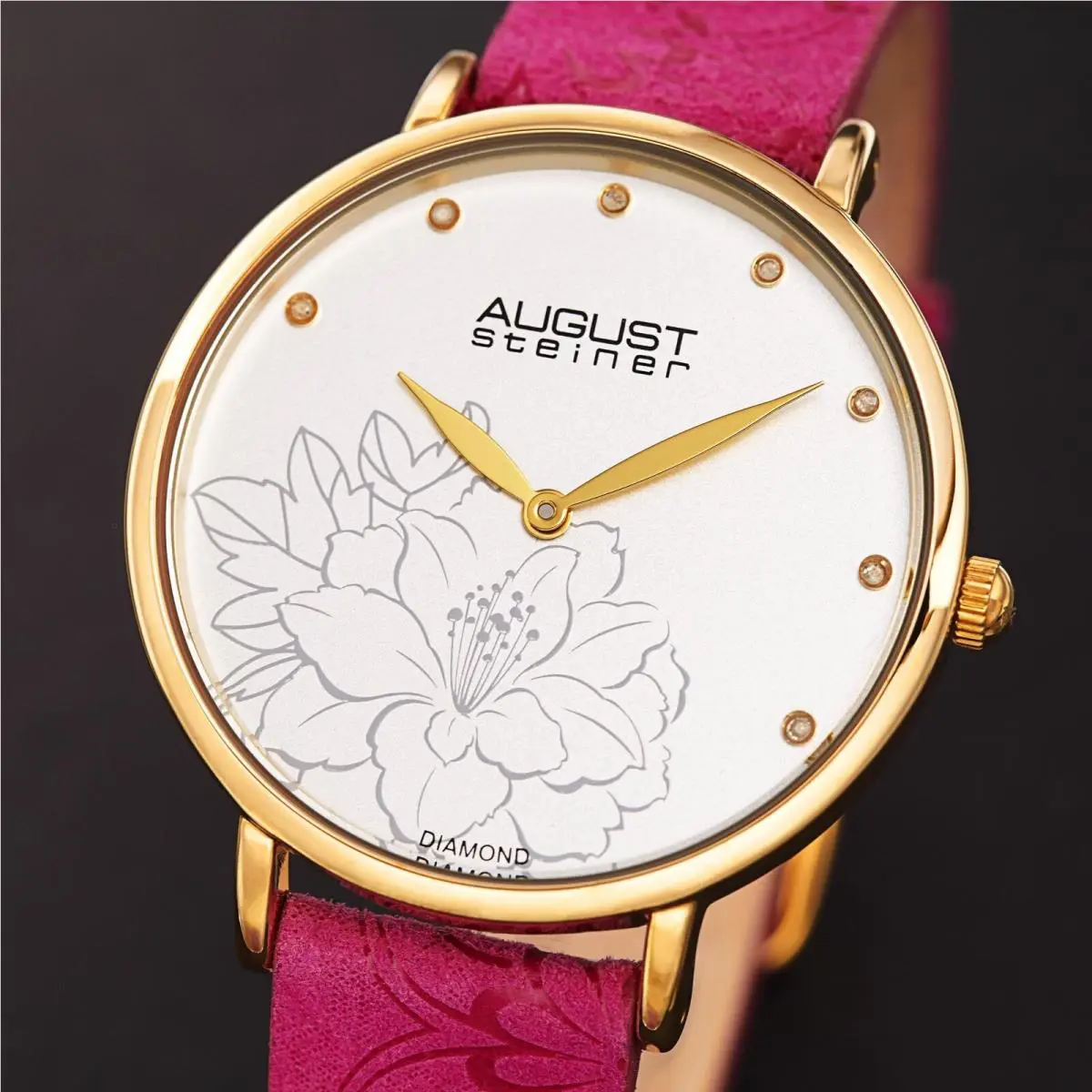 Women`s August Steiner AS8242PK Diamond Dial Quartz Flower Embossed Strap Watch