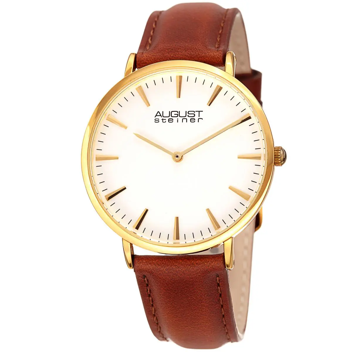 Women`s August Steiner AS8247YGBR Quartz Gold Tone Brown Leather Strap Watch