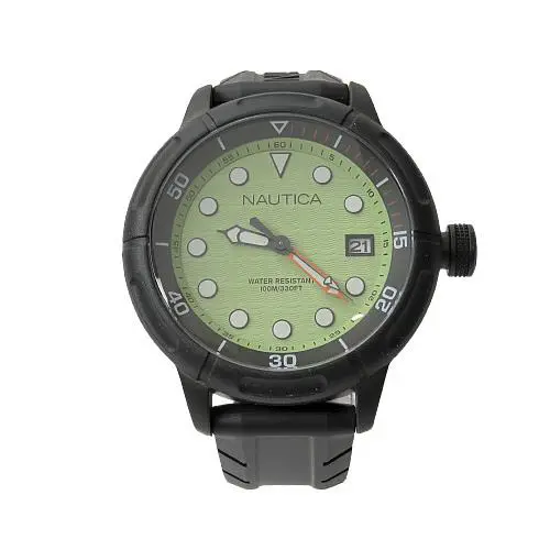 Nautica Nmx 601 Black Silicone Green Dial with Date Men`s Watch 50mm N17618G - Dial: Green, Band: Black
