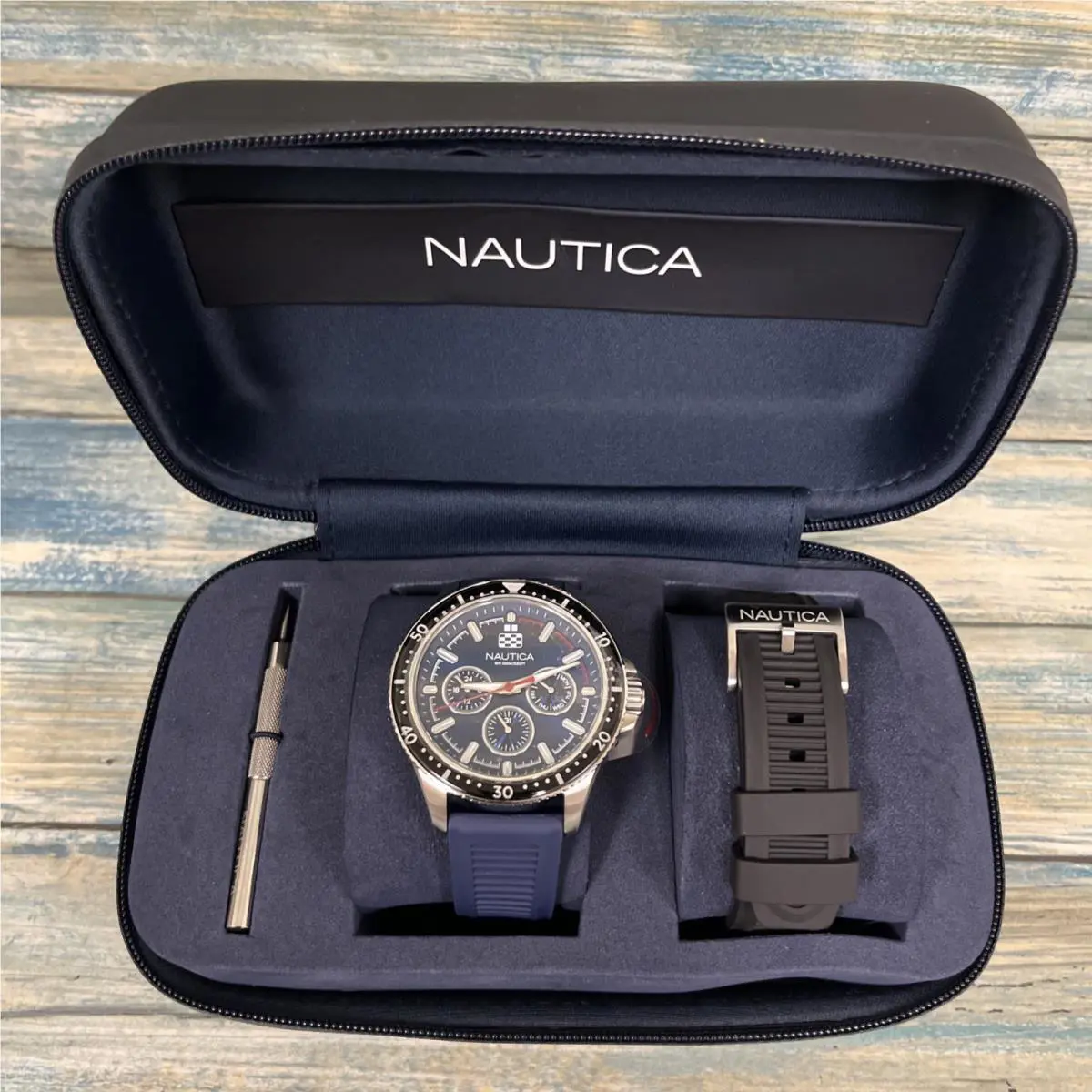 Nautica Nct Windrose 46mm Black / Blue Men`s Watch - Dial: Blue, Band: Blue, Bezel: Blue, Black