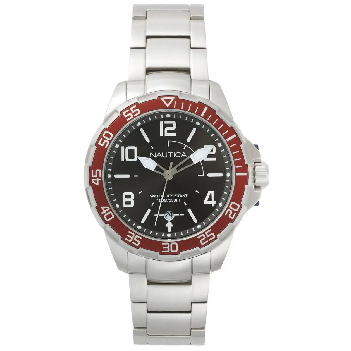 Nautica Pilot House Men`s Watch Black Dial Red / Stainless Steel 45mm - Dial: Black, Band: Silver, Bezel: Red