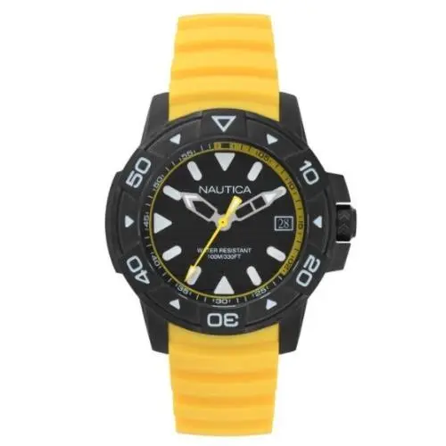 Yellow Rubber Strap Black Dial Case Edgewater Men`s 45mm Watch NAPEGT004 by Nautica