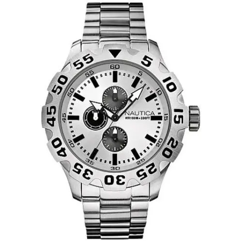 New-nautica Silver-tone S/steel Band+black Trim Chrono+day Date WATCH-N20094G