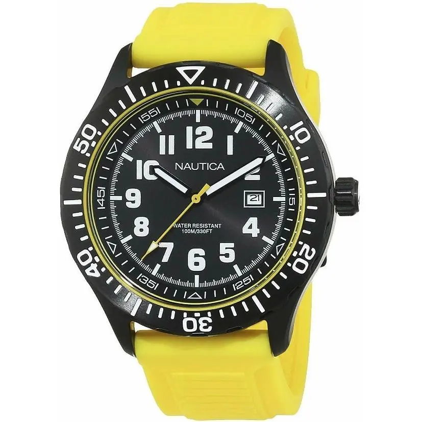 Men`s  Nsr 105 Black Dial Yellow Silicone Strap Watch 44mm NAD13527G by Nautica