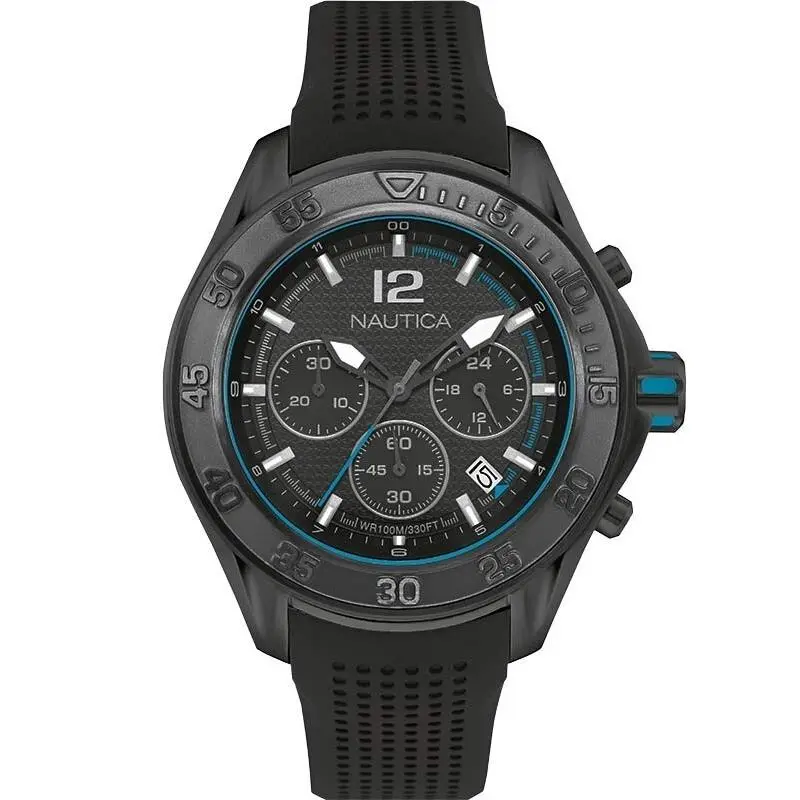 Nautica Nmx 1600 Chronograph Black Dial/rubber Strap Men`s Watch NAD25000G - Dial: Black, Band: Black, Bezel: Black