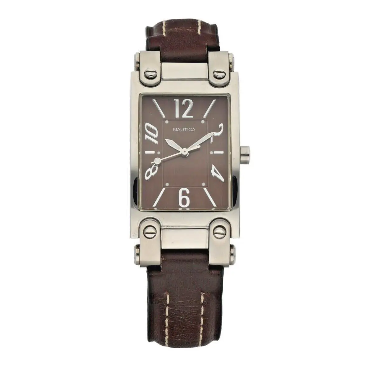 Nautica N10016L Rectangle Steel Case Brown Leather Quartz Wrist Watch - Dial: Brown, Band: Brown