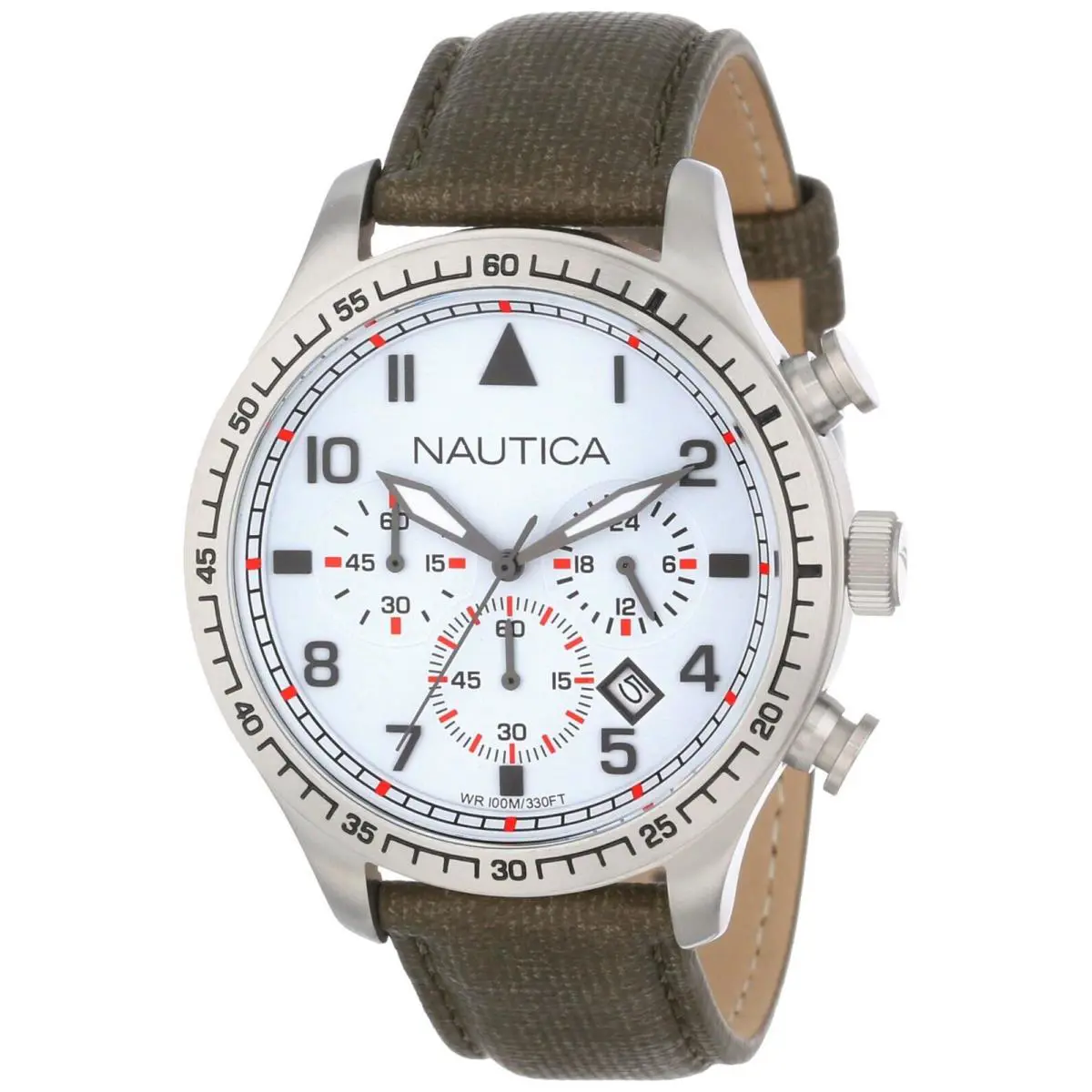 Nautica Men`s White Dial Red Accents Chronograph Watch Black Nylon Strap Band