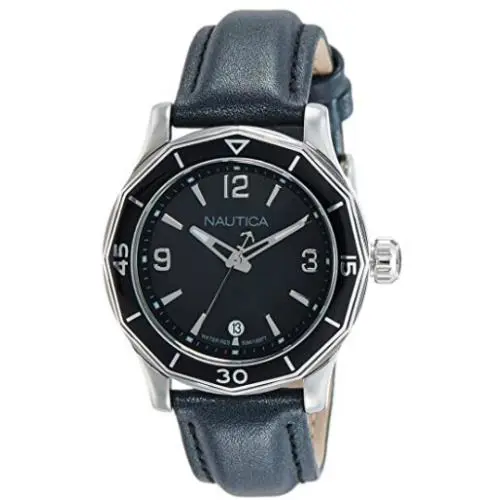 Nautica Women`s Watch Black Dial Stainless Steel Leather Strap 36mm NAD13538L