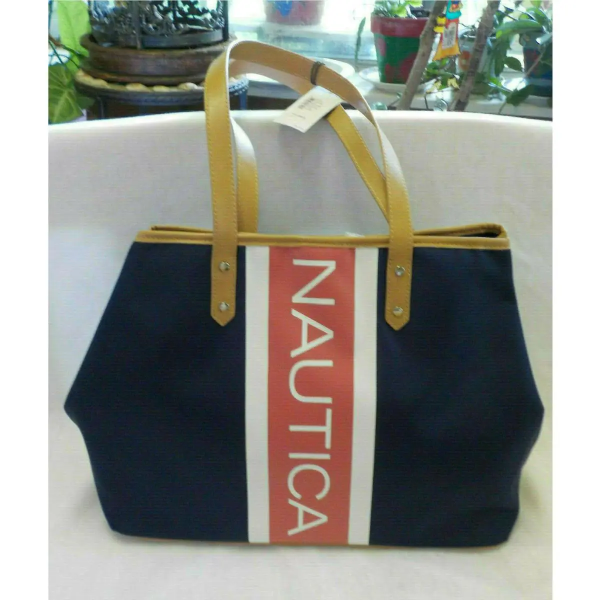 Nautica XL Tote Multicolor Canvas Leather 18.5 X 12 Strap Drop 10