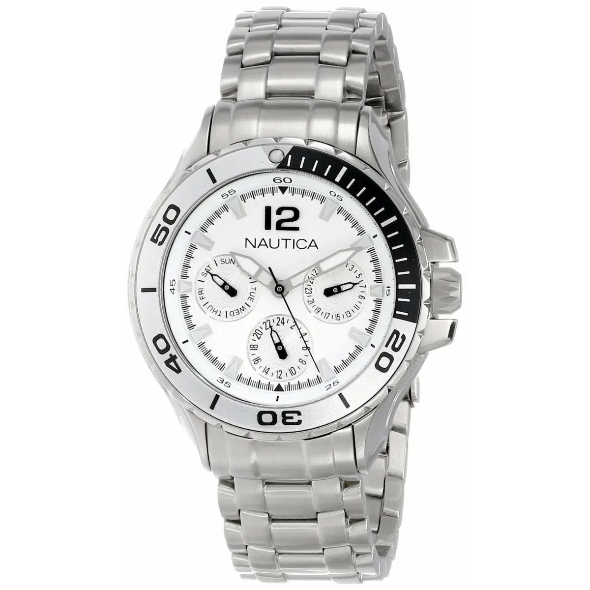 Nautica Midsize N21561M Nst 02 White Dial Enamel Bezel Stainless Bracelet Watch - Dial: Black, White, Band: Silver, Bezel: Silver, Black, White
