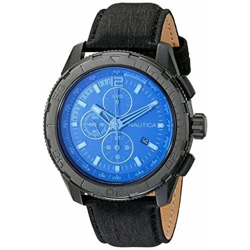 Nautica Chronograph Blue Dial SS Leather Quartz Men`s Watch NAD21504G No Box