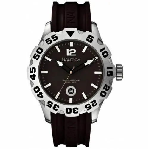 Mens Bfd 100 Grey Dial Stainless Steel Case Light Brown Rubber Watch by Nautica