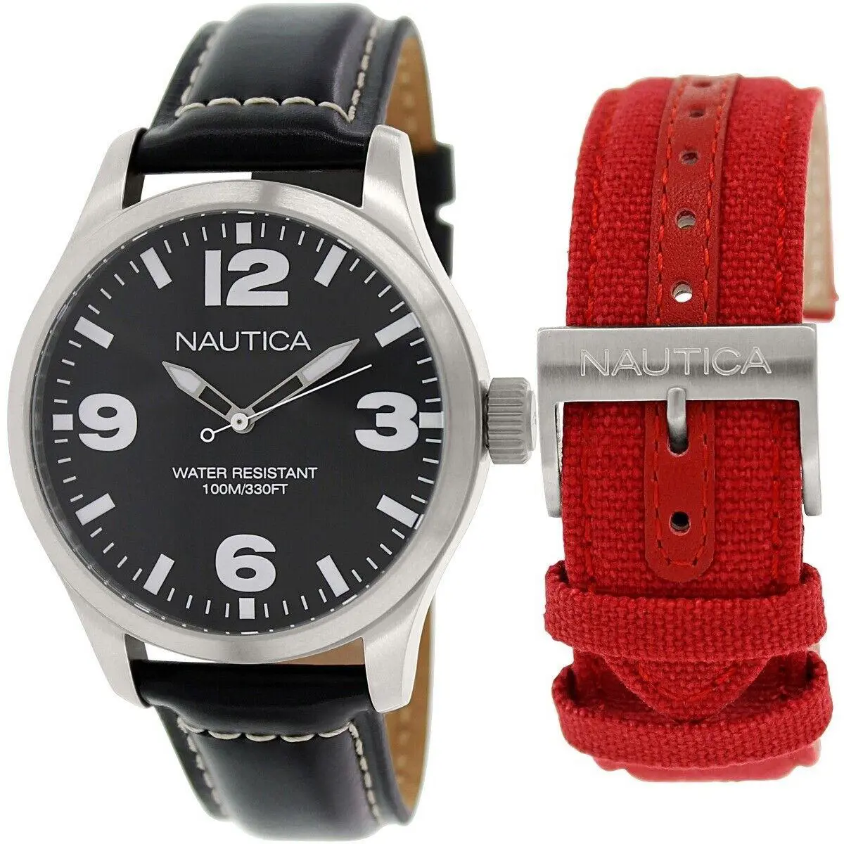 Nautica NAD13501G Stainless Steel and Leather Watch W/box Red Canvas Belt - Black/Silver, Dial: Black, Band: Black, Red
