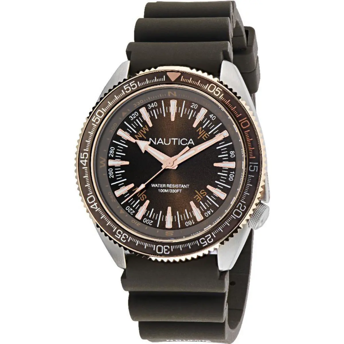 Nautica NAPNVF302 Men`s Vintage Brown Dial 44mm Silicone Strap Watch - Brown, Dial: Brown, Band: Brown