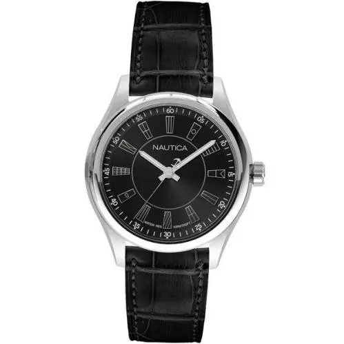 Nautica Bst Black Dial and Black Leather Strap Flag Men`s Watch NAPBST003