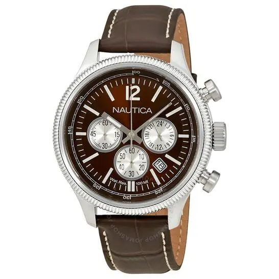 Nautica Brown Leather Strap Chronograph Brown Dial Steel Men`s Watch NAD20018G