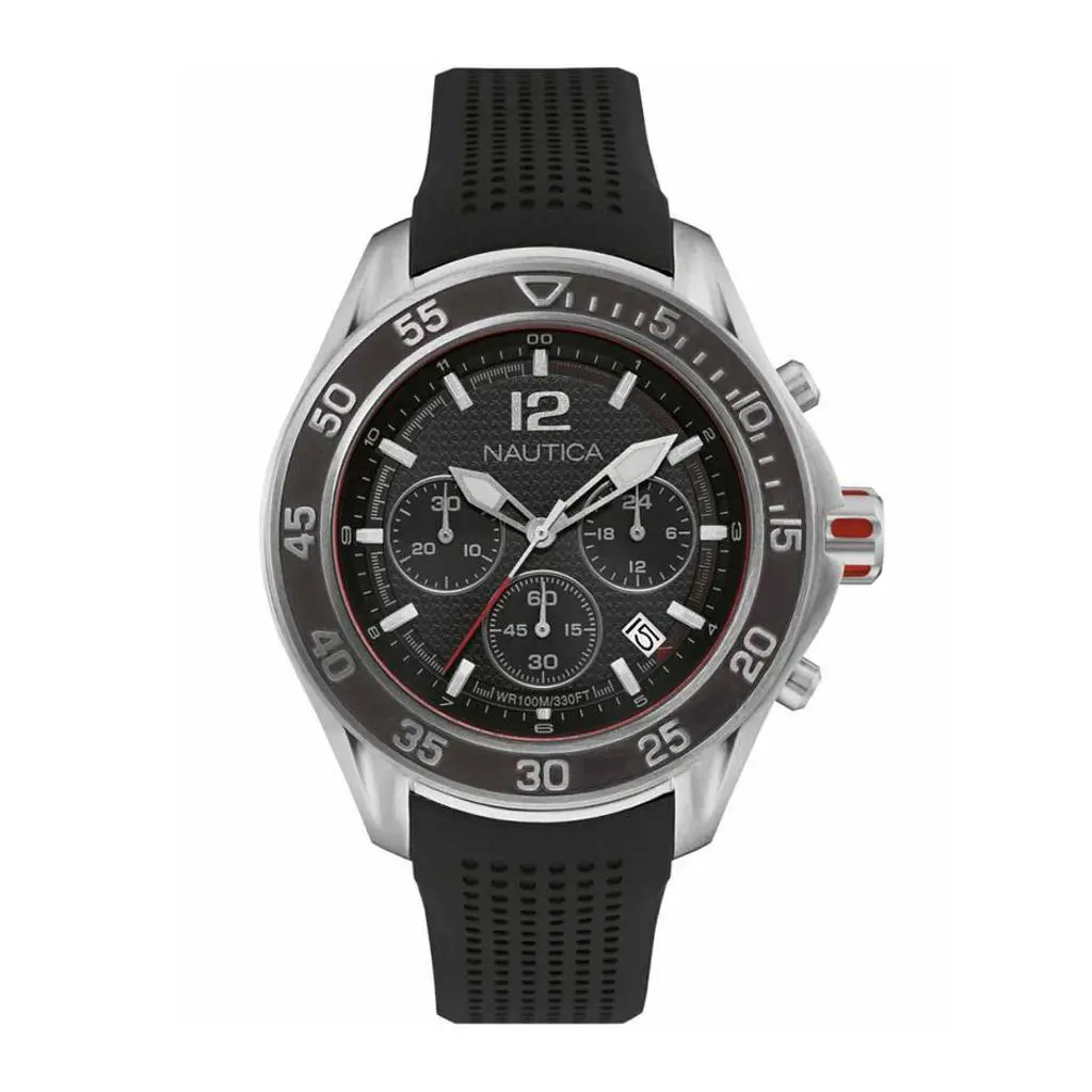Nautica Men`s Black Chronograph 47mm Watch Nmx 1600 Silicone Strap NAD23503G