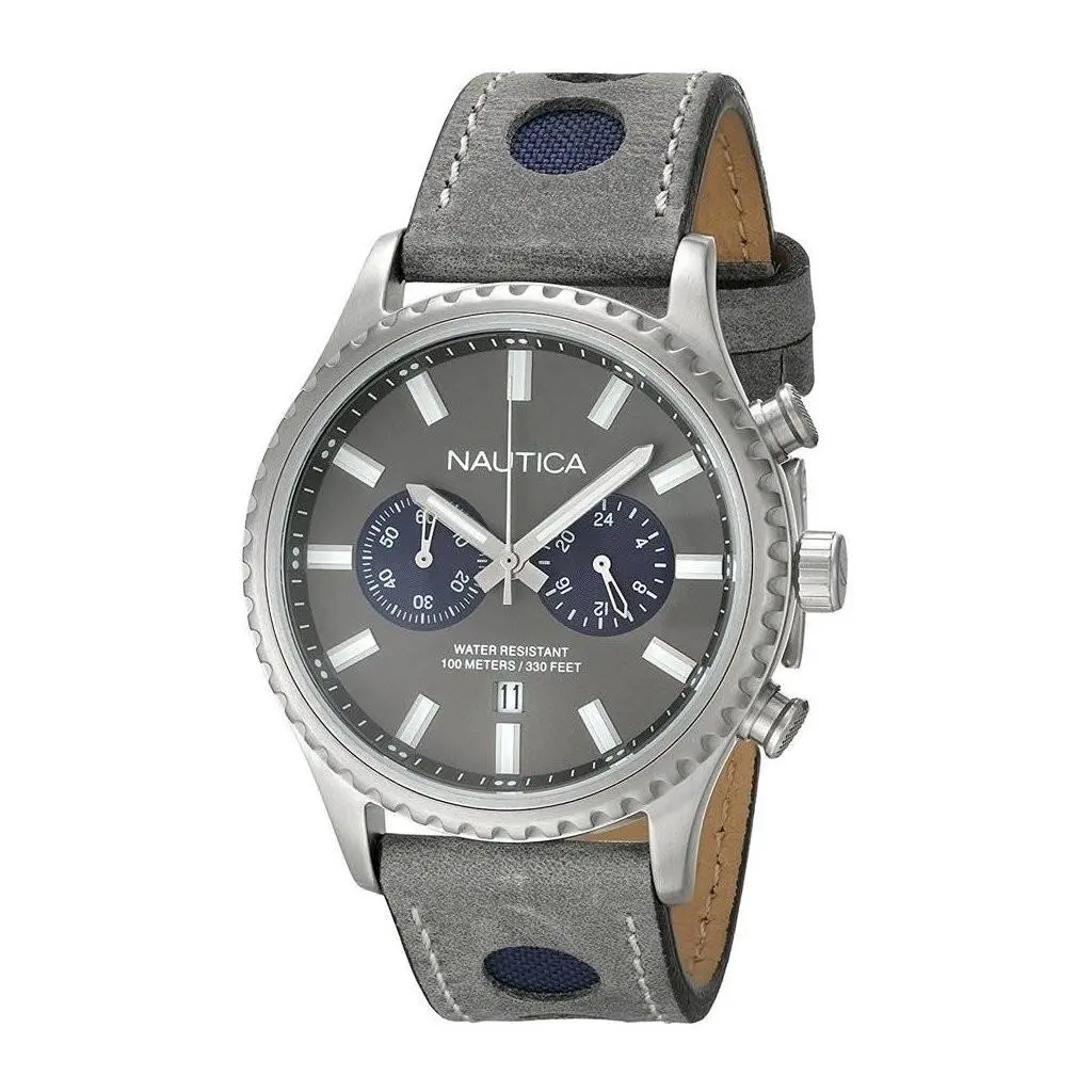 Nms 02 Chronograph Grey Dial Leather Strap Blue Men`s Watch NAI18511G by Nautica