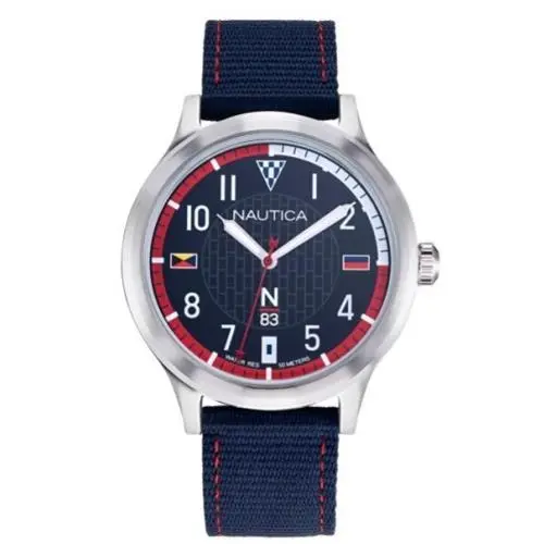 Nautica N 83 Crissy Field Nylon Strap 43mm Blue Dial Men`s Steel Watch NAPCFS910