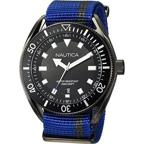Men`s Nautica `portofino` Prf Date Blue Gray Nylon Strap Watch Black NAPPRF002