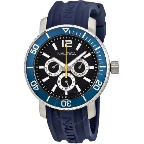 Men`s Nautica Black Dial Steel Case Blue Rubber Strap 45mm Watch NAD16561G