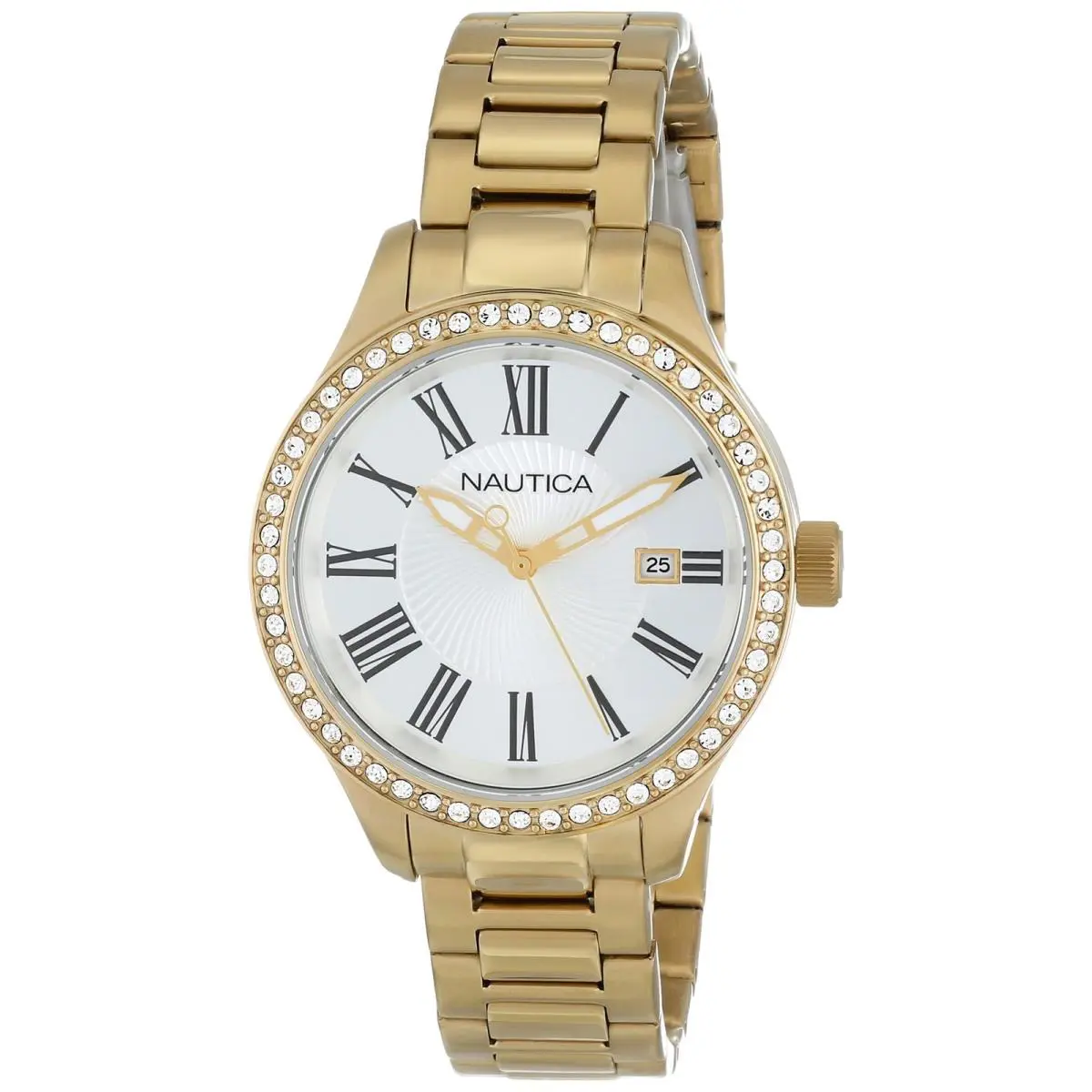 Nautica Women`s Gold Round Roman Numeral Swarovski Crystal Watch Date N16661M