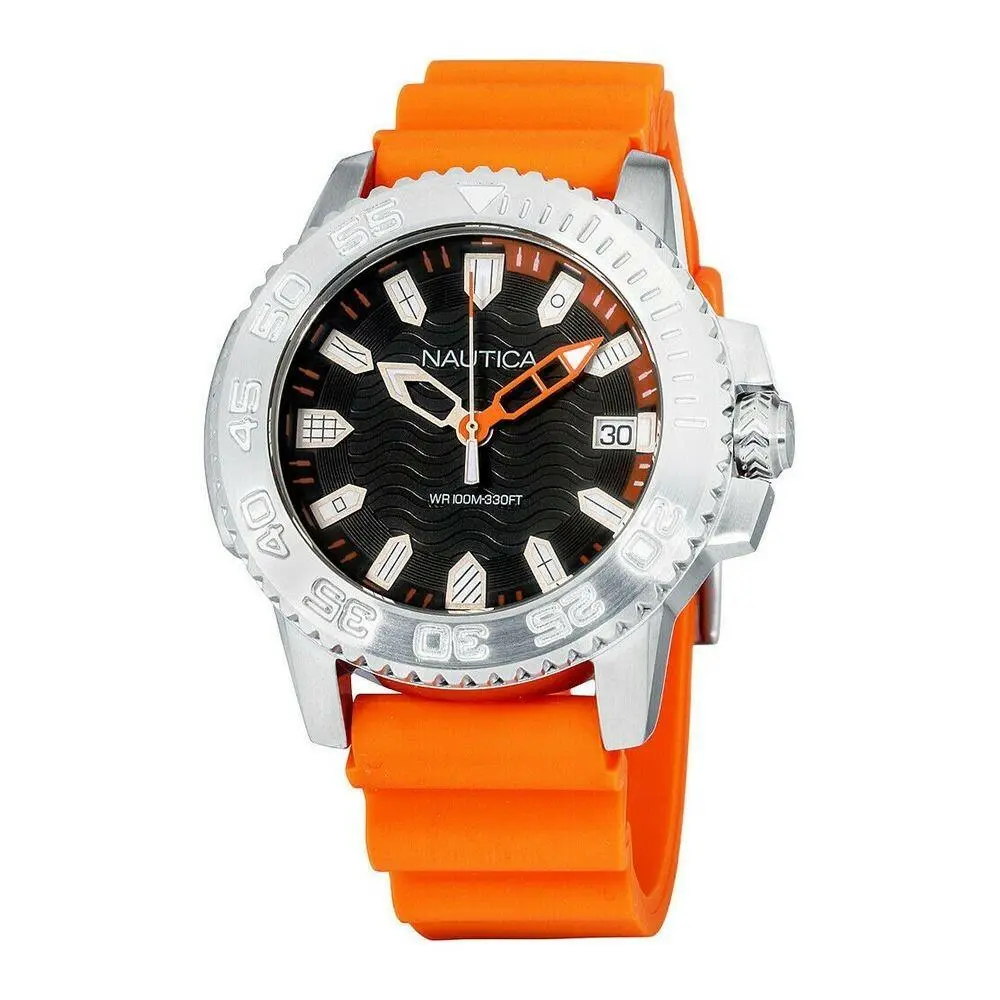 Kyw Black Dial Orange Rubber Strap Men`s Dive Date Watch NAPKYW002 by Nautica