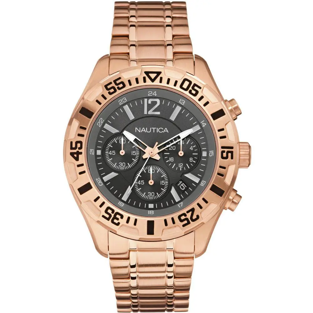 Nautica Rose Gold Tone S/steel Gray Dial Chronograph Bracelet WATCH-A23613G - Dial: Gray, Band: Rose Gold
