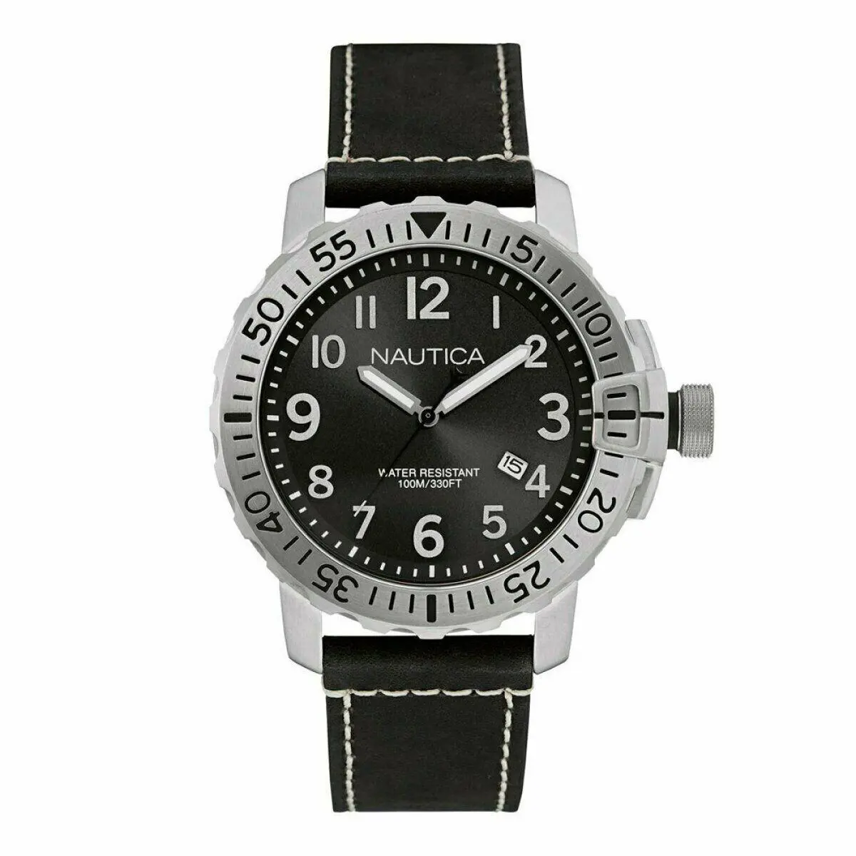 Nautica Men`s Watch Black Leather Strap Steel Arabic Large Numbers NAD14522G