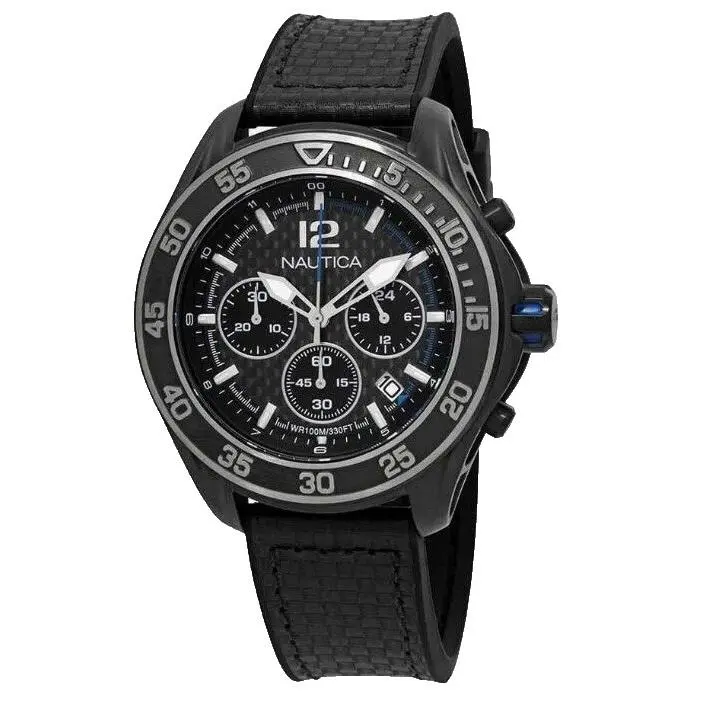 Men`s Nautica Nxm 1600 Black Carbon Fiber Chronograph Watch Ion-plated NAD25505G