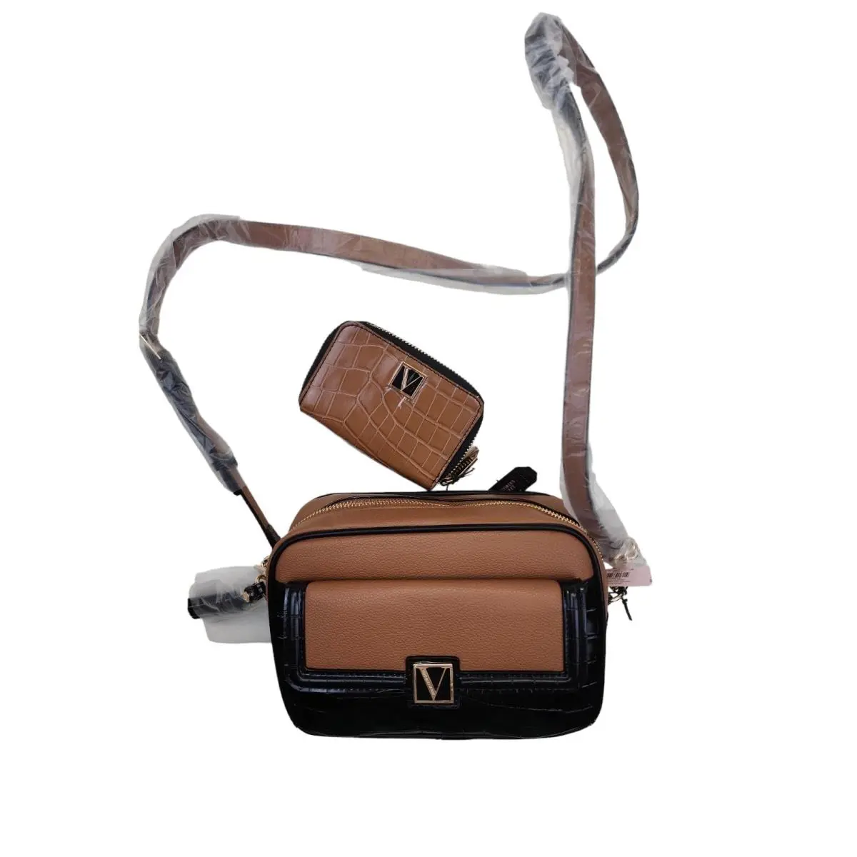 2pc Victoria`s Secret Top-zip Crossbody Shoulder Bag Wallet Croc Colorblock Set