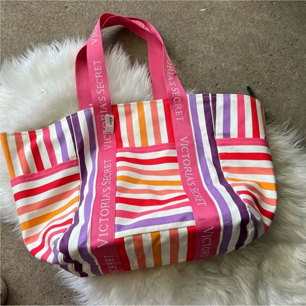Victoria’s Secret Multicolor Pink and Orange Striped Beach Tote Purse Bag
