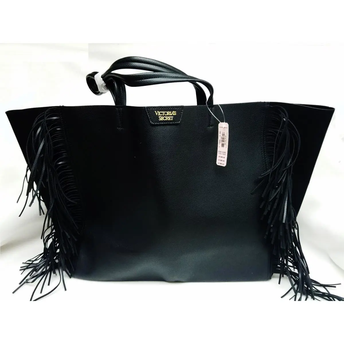 Victoria`s Secret Black Fringe Leather Tote Travel Bag Weekender Oversized
