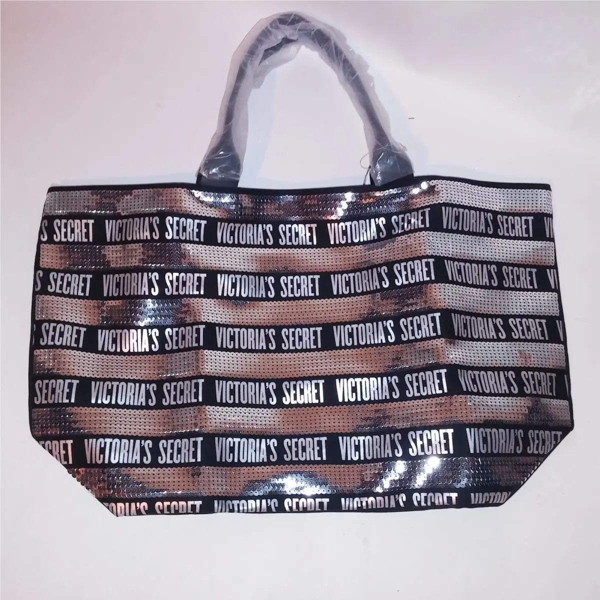 Victoria Secret Tote Bag Purse Black Silver Allover Sequin Bling Large