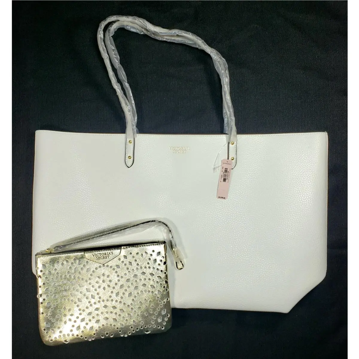 Victoria`s Secret Bombshell White Large Purse Bag with Gold Wristlet Clutch