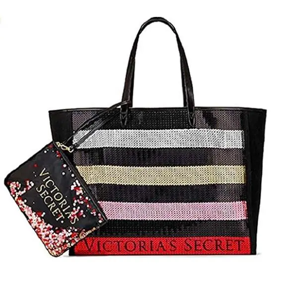 Victoria`s Secret Bling Stripe Sequin Carryall Tote W Mini Bag Set Black/red