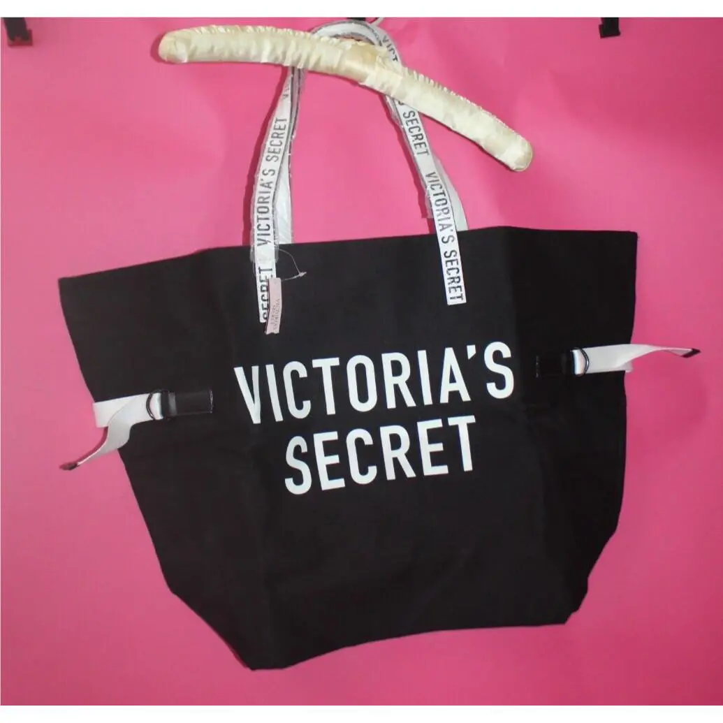 Victoria`s Secret Ltd Edition Black Canvas Tote Bag White Lettering Weekender
