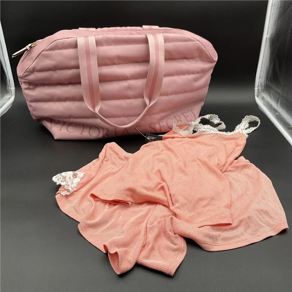 Victoria`s Secret Quilted Pink Zippered Duffel Bag + Bonus Sleep Set Sz. Small