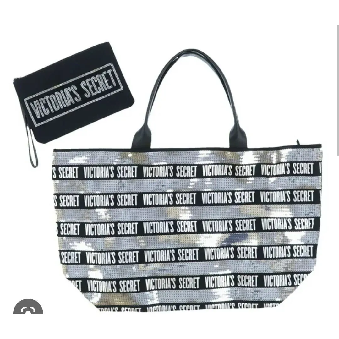 Victoria’s Secret Black Silver Logo Sequin Striped Zipper Tote Bag 23 x 13