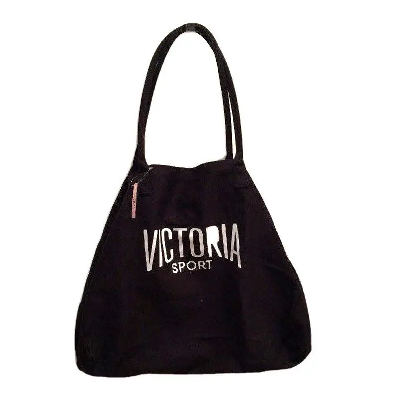 Victorias Secret Sport Black Canvas Tote Bag One Size Solid Gym Beach Travel