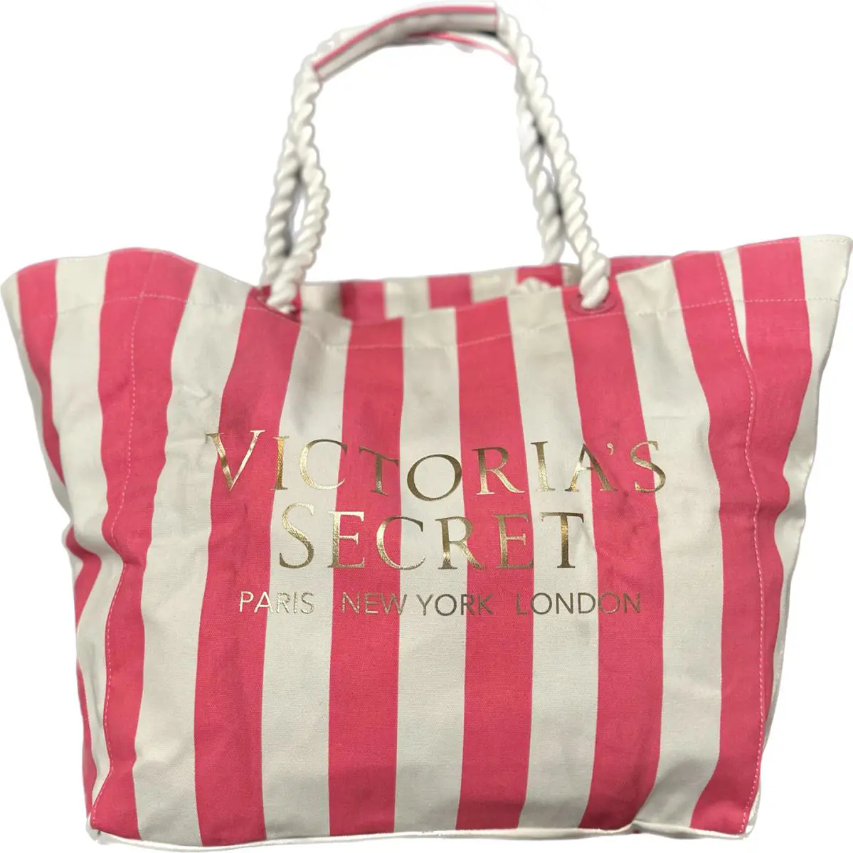 Victoria`s Secret Reversible Pink Stripes Travel Beach Bag W/rope Handles by Victoria's Secret
