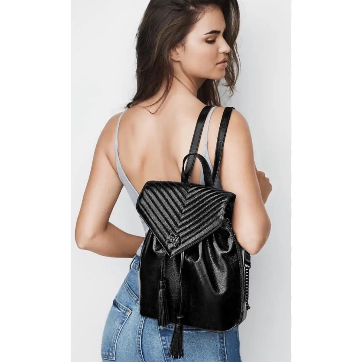 Victoria’s Secret Angel V-quilt Crackle Black Metallic Backpack