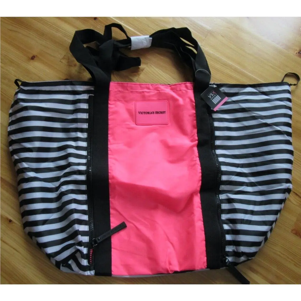 Victoria Secret Zip Front Pkt Open Tie Top Blk/wh/ Pink Tote Poly Lined Bag