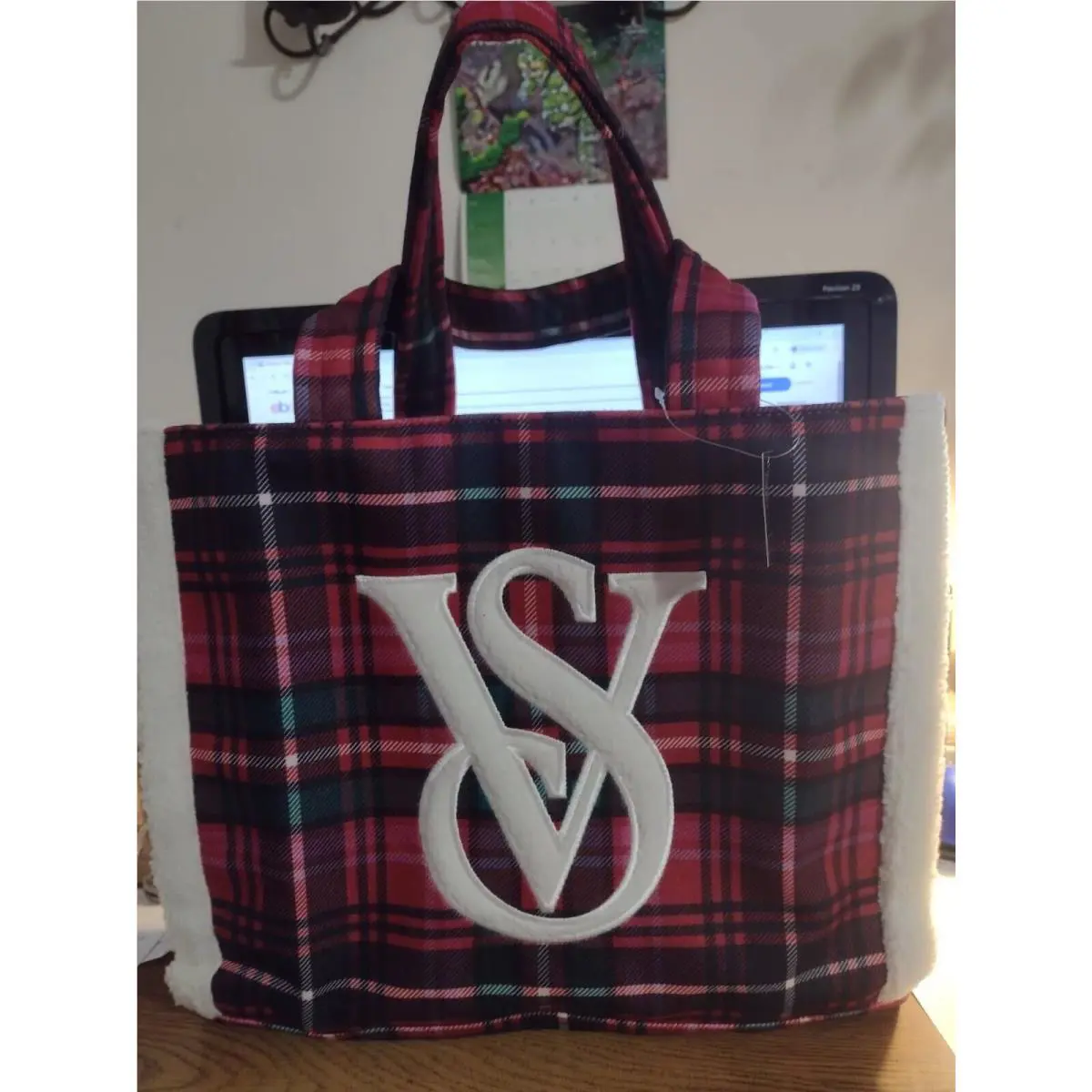 Victoria`s Secret Red Plaid Christmas Tote Bag with Fur Trim - w/ Tags